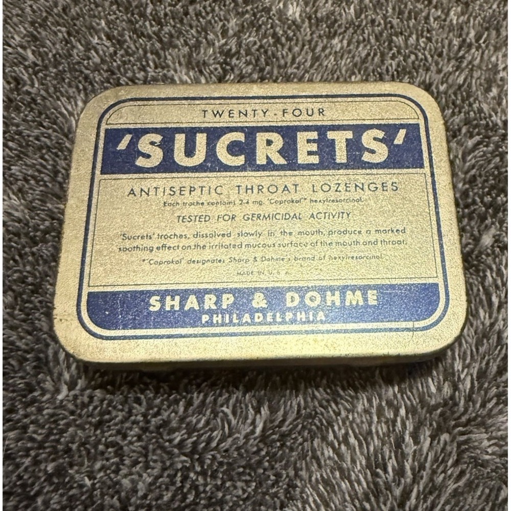 Vintage 24 'SUCRETS' Antiseptic Throat Lozenges Tin Container - Sharp & Dohme